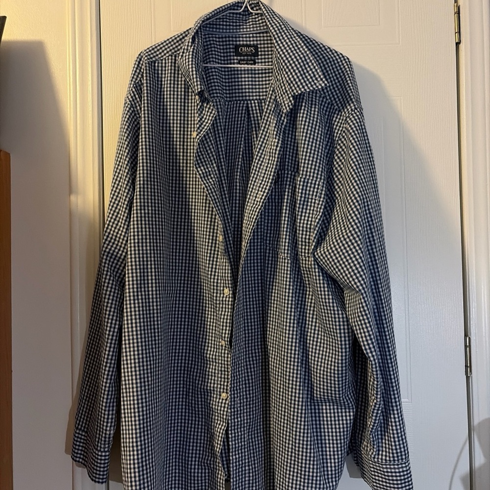 CHAPS Easy Care Twill Men's 4XL Blue White Checker Long Sleeve Dress Shirt